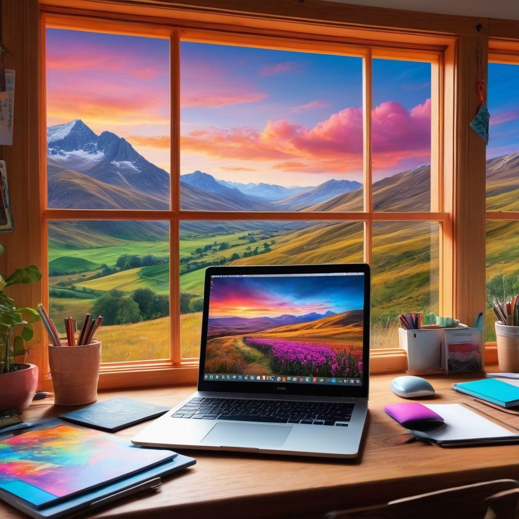 A vibrant, whimsical workspace filled with colorful stationery, an open laptop displaying a digital storytelling platform, surrounded by sketches and doodles illustrating creativity. A bright window reveals a breathtaking landscape outside, symbolizing inspiration. The scene should evoke a sense of imagination and passion for blogging. vibrant colors. super-realistic. painting.