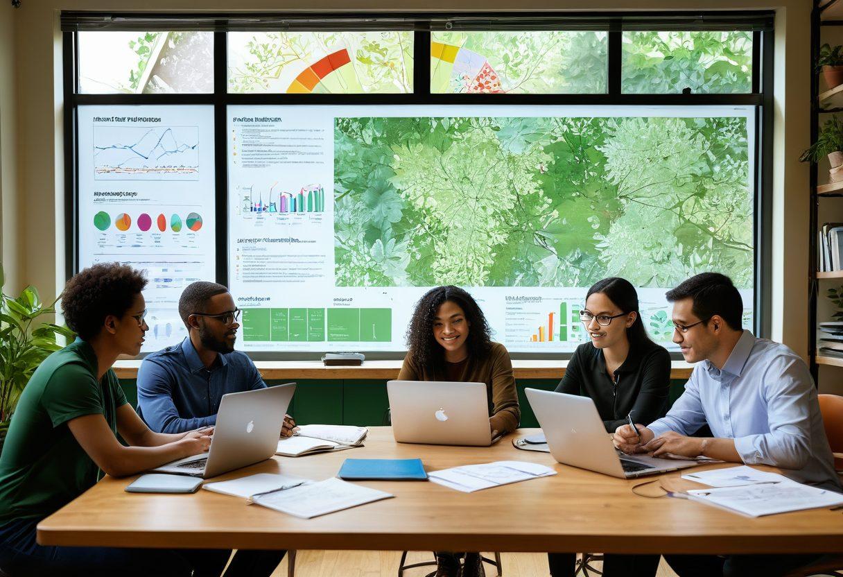 A diverse group of people engaging in a collaborative discussion around a large table filled with laptops, notebooks, and data charts. A lush green community garden can be seen through a window, symbolizing growth and connection. Infographics and brainstorming diagrams float around them, showcasing dynamic data insights. Soft, warm lighting creates an inviting atmosphere. super-realistic. vibrant colors. cozy workspace.