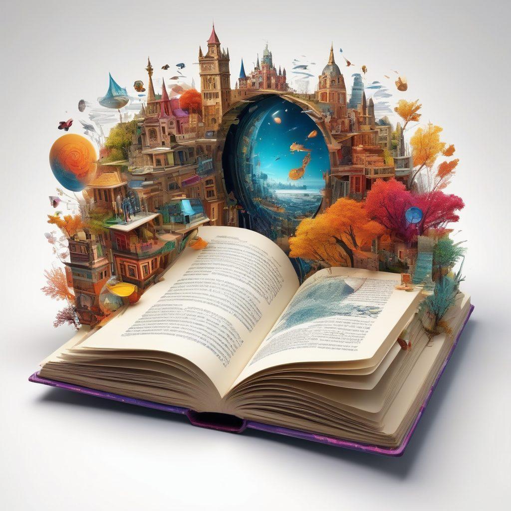 An open book with floating text transforming into vivid illustrations above it, showcasing the journey from words to visuals. The background features a blend of digital screens displaying various storytelling techniques like animation, infographics, and photography. The color palette should be bright and engaging, emphasizing creativity and imagination. super-realistic. vibrant colors. white background.